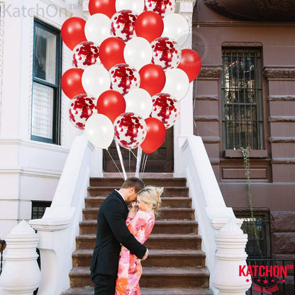 KatchOn Valentines Day Balloons Red White 12 Inch, Pack of 40 | Valentines Balloons for Valentines Day Decorations | Red and White Valentines Decor | Confetti Balloons for Anniversary Decorations