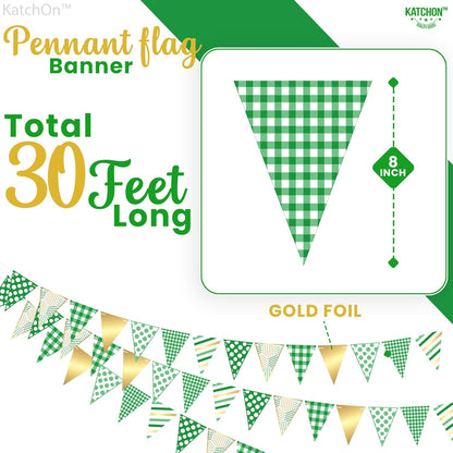 KatchOn, Christmas Pennant Banner Flags - 30 Feet | Gingham Checkered Triangle Fabric Bunting Garland Green, White and Gold | Party Decorations for Birthday, And Christmas Wall Decorations Indoor