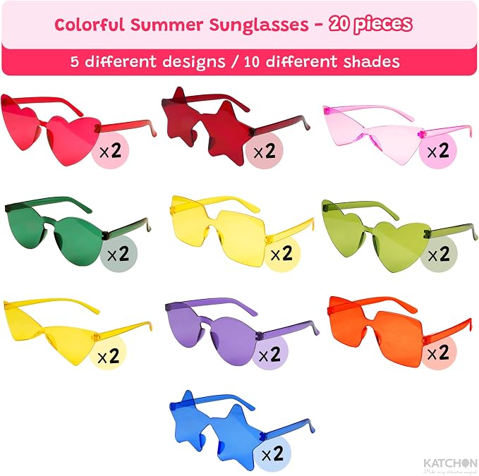 KatchOn Pcs 20 Colorful Fun Sunglasses, Summer Party Decorations | Rimless Tinted Party Sunglasses Bulk, Pool Party Decorations, Beach, Luau, Hawaiian Party Favors, Transparent Color Glasses