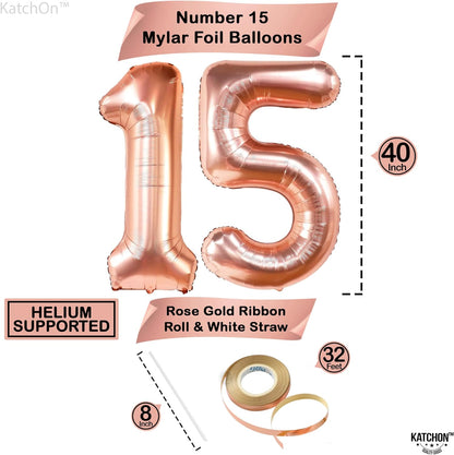 KatchOn, Rose Gold 15 Balloons Number - Big, 40 Inch | 15 Birthday Balloons with Confetti for Happy 15th Birthday Decorations for Girls | Quinceanera Decorations | 15 Birthday Decorations for Girls