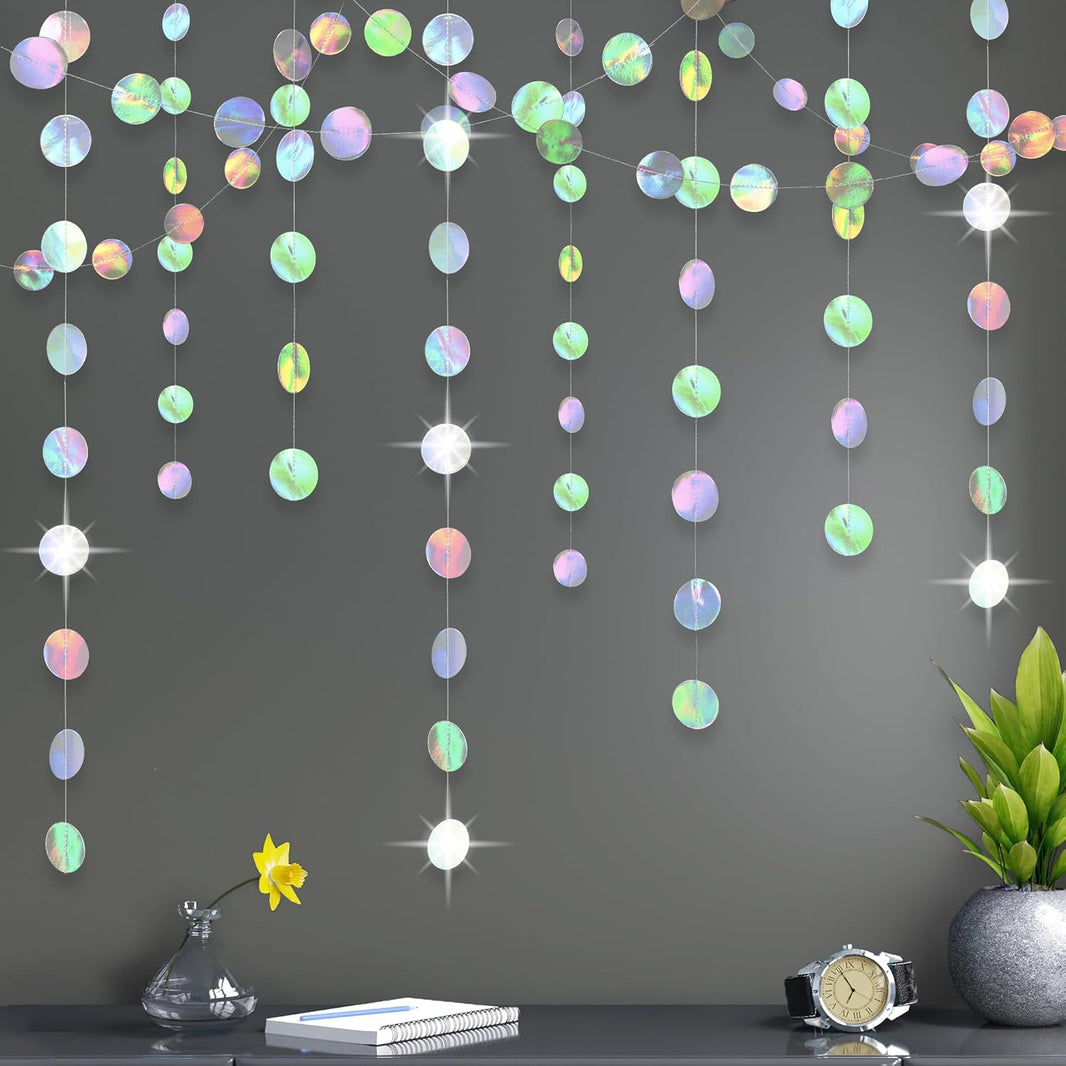 KatchOn, Shiny Iridescent Circles Garland - 4 Strings, No DIY | Disco Silver Garland for Iridescent Party Decorations | Holographic Garlands for Disco Decor | Garlands for Decoration