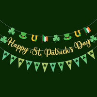 KatchOn, Glitter Gold Happy St. Patrick's Day Banner - 3 Strings, Pre-Strung, 10 Ft | St Patrick's Day Banner with Leprechaun Hat and flag Garland for St Patricks Day Decorations, Shamrock Decorations