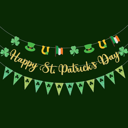 KatchOn, Glitter Gold Happy St. Patrick's Day Banner - 3 Strings, Pre-Strung, 10 Ft | St Patrick's Day Banner with Leprechaun Hat and flag Garland for St Patricks Day Decorations, Shamrock Decorations