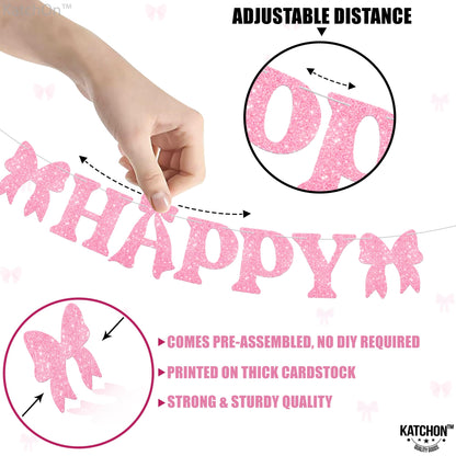 KatchOn, Pink Glitter Happy Birthday Banner with Lights - No DIY, 10 Feet | Happy Birthday Bow Banner | Birthday Decorations for Women, Girls | Pink Bow Birthday Decorations