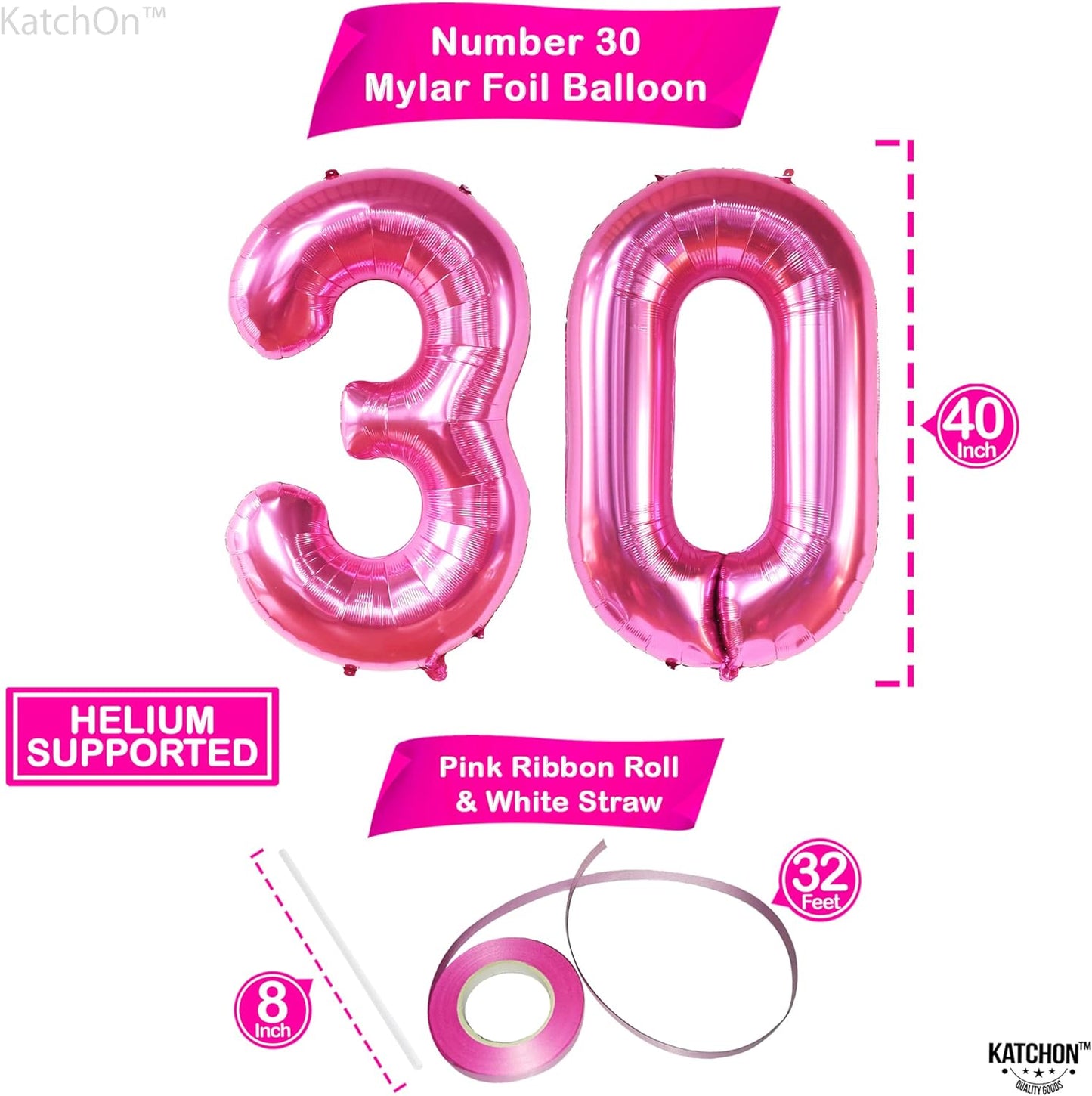 KatchOn, Hot Pink 30 Balloon Numbers - 40 Inch | Number 30 Balloons for Hot Pink 30th Birthday Decorations for Women | Hot Pink 30th Birthday Balloons for 30 Flirty and Thriving Birthday Decorations