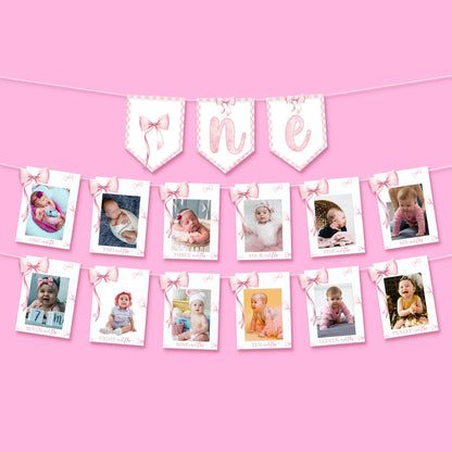 KatchOn, Pink Bow One Birthday Photo Banner - 2 Strings, 10 Feet | Pre Strung 1-12 Month Photo Banner for 1st Birthday Decorations | Bow Party Decorations