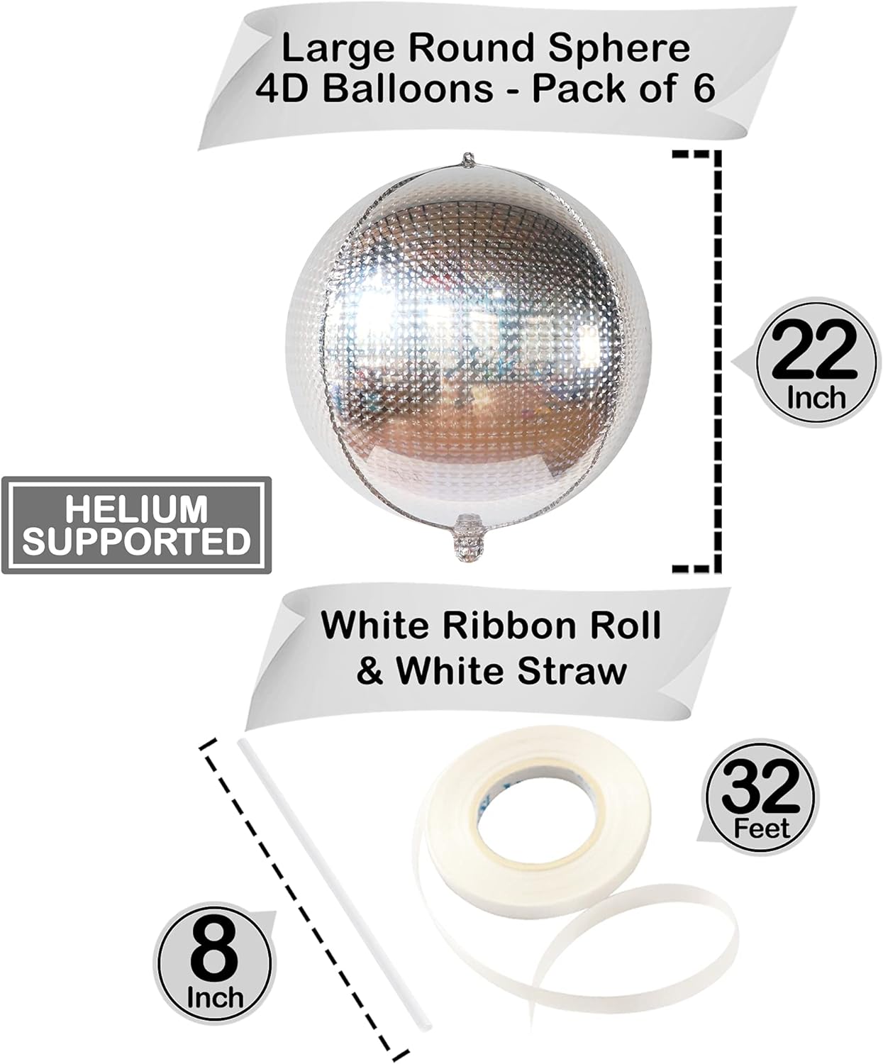 KatchOn, Silver Disco Ball Balloons - 22 Inch, Pack of 6 | Disco Balloons, Silver Balloons for Iridescent Party Decorations | Holographic Balloons, Iridescent Balloons for Disco Party Decorations