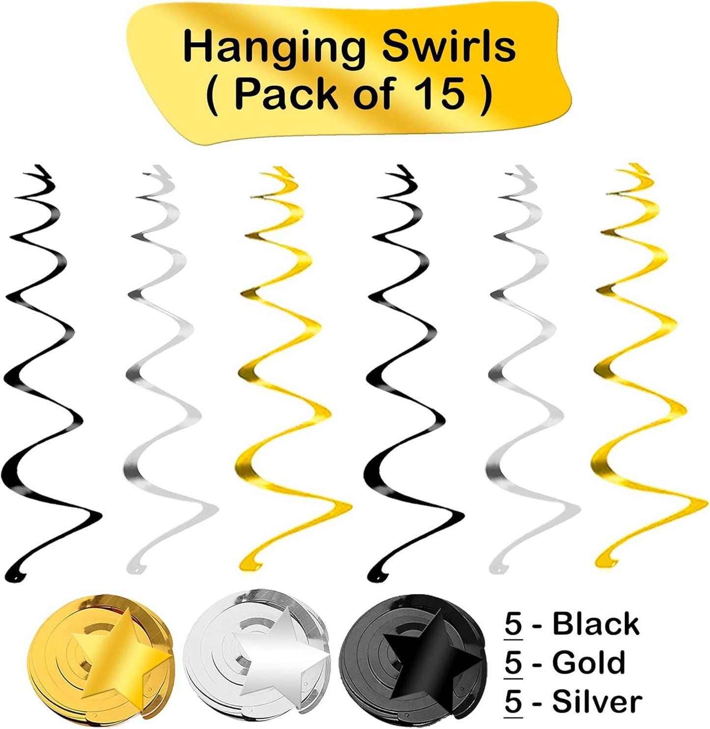 KatchOn, Black Gold and Silver Star Hanging Swirls - Pack of 30, No DIY | Graduation Decorations Class of 2024 | Black and Gold Party Decorations | Hollywood Party Decorations, Oscar Party Decorations