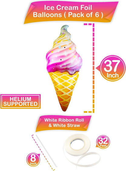 Large Ice Cream Balloons, 37 Inch - Pack of 6 | ice Cream Party Decorations | Summer Party Decorations, Ice Cream Decor For Pool Party Decorations | Beach, Pool Party Decor