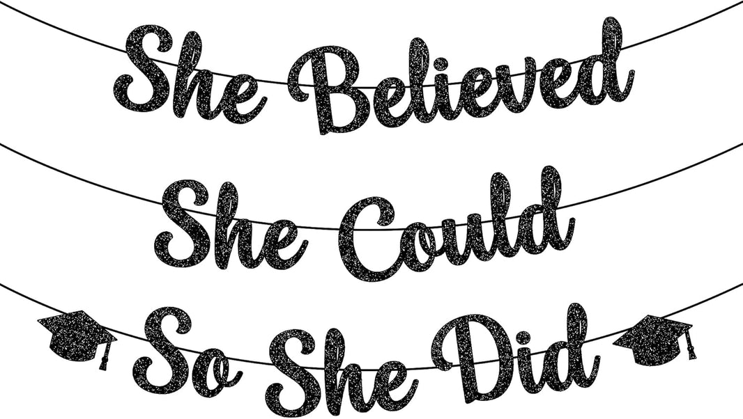 KatchOn, She Believed She Could So She Did Banner - Glitter, 10 Feet, No DIY | Black Grad Banner for Graduation Decorations 2026 | Medical College Graduation Party Decorations 2026