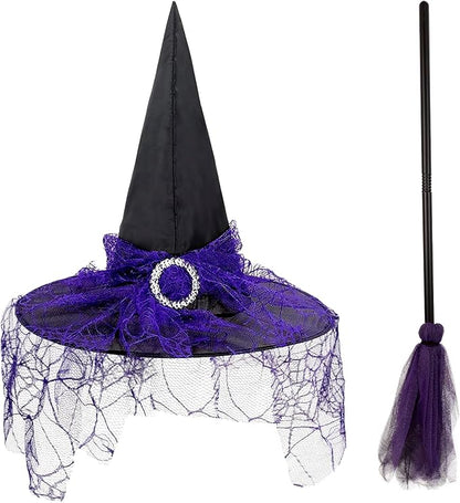 KatchOn Halloween Purple Witch Hat And Broom, Witch Hat Women
