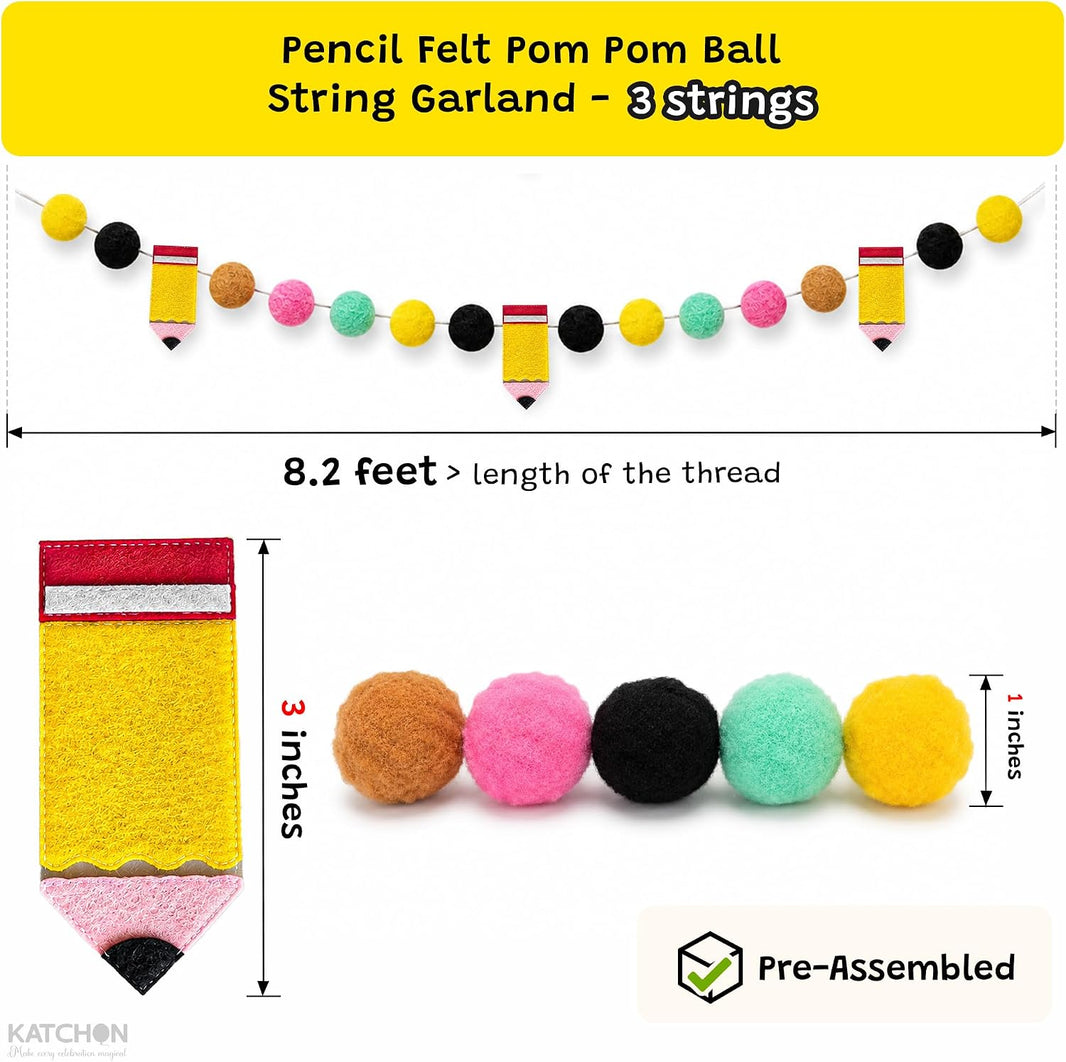 KatchOn Pre-Assembled Felt Pompom Pencil Banner for Back to School 8.2 Feet