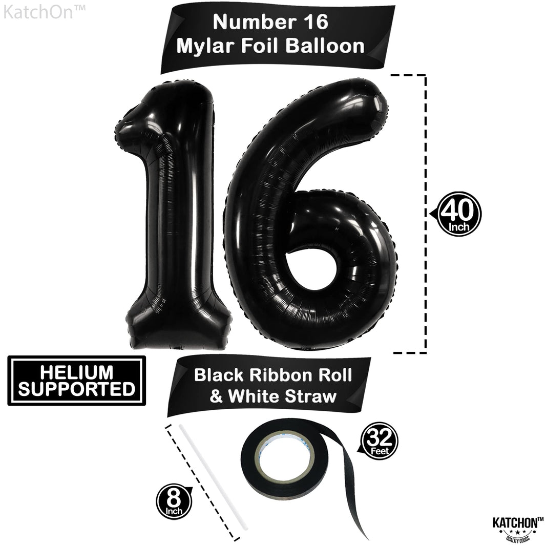 KatchOn, Giant Black 16 Balloon Numbers - 40 Inch | 16 Birthday Balloons for Sweet 16 Birthday Decoration | 16th Birthday Decorations for Boys | Sixteen Balloon, 16th Anniversary Decorations