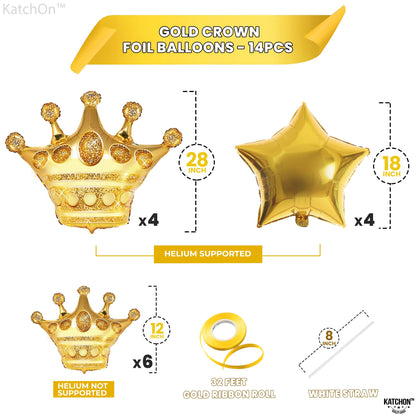Katchon, Large Gold Crown Balloons And Gold Star Balloons - 28 Inch, Pack Of 14 | gold Party Decorations For Royal Birthday Party Decorations | Royalty Baby Shower | Crown Queen party decorations