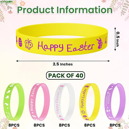 KatchOn, Happy Easter Bracelets - Pack of 40 | Easter Basket Stuffers Rubber Wristbands Bracelets | Party Favors for Classroom Gifts, Easter Decorations for Home