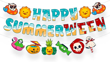Katchon Summer Halloween Decorations for Pool Party 10 Feet | Happy Summerween Banner, 3 Strings Pre-Strung, Each, Summerween Party Decorations, Beach Party & Tropical Spooky Celebration
