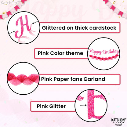 KatchOn, Pre Strung Pink Cursive Happy Birthday Banner with Paper Fan Garland Set | Happy Birthday Sign, Pink Paper Banner for Happy Birthday Decorations | Hot Pink Happy Birthday Party Decor for Girl