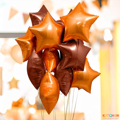 Katchon, Metallic Brown And Orange Star Foil Balloons 18 Inch - Pack of 12 | Brown and Orange Balloons for Friendsgiving Party Decorations, Thanksgiving Foil Balloons, Bachelorette Party, Baby Shower