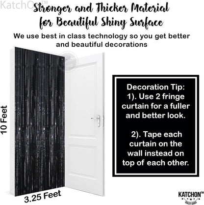 KatchOn XtraLarge Black Foil Fringe Curtain - 3.2x10 Feet, Pack of 2 | Black Backdrop for Black Birthday Decorations | Black Tinsel Backdrop | Black Streamer for Graduation Decorations Class of 2024