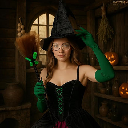 KatchOn, Halloween Witch Costume Set - Pack Of 4 | Black Witch Hat, Round Eyeglass with Case, Green Claw Gloves & Broomstick | green witch accessories for women | Halloween Hat & Accessories