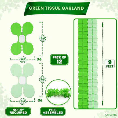 KatchOn, Green Tissue Paper Clover Garland - Pack of 12 | Green Streamers Garland for St Patricks Day Decorations, Shamrock Decorations | Birthday Decorations, Irish & Jungle Theme Party Decorations