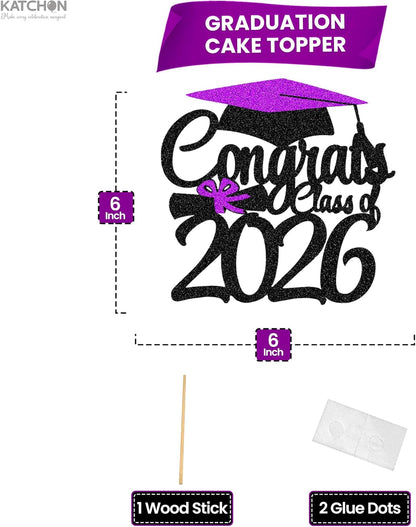 Graduation Decorations 2026, Glitter Graduation Cake Topper 2026 - Congrats Grad Cake Topper | Dessert Topper Class of 2026 | Purple, Black Grad Decorations Class of 2026 - KatchOn