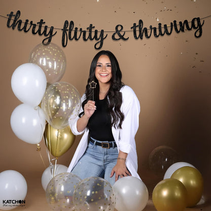KatchOn, Glitter Thirty Flirty & Thriving Banner - 10 Feet | 30th Birthday Decorations for Her, Him | 30th Birthday Party Decorations for Women | Talk Thirty to Me banner, Black 30th Birthday Banner