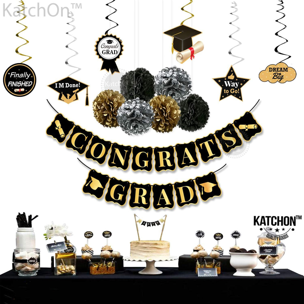 KatchOn, Black and Gold Graduation Party Decorations 2026 - Pack of 19 | Graduation Hanging Swirls for Grad Party | Congrats Grad Banner | Grad Banner for 2026 Graduation Decorations