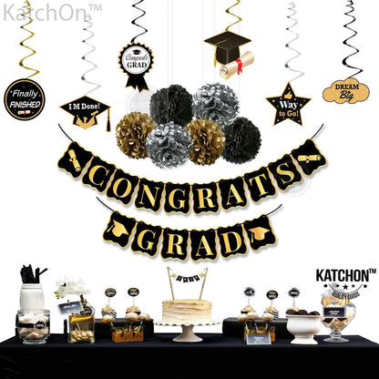 KatchOn, Black and Gold Graduation Party Decorations 2026 - Pack of 19 | Graduation Hanging Swirls for Grad Party | Congrats Grad Banner | Grad Banner for 2026 Graduation Decorations