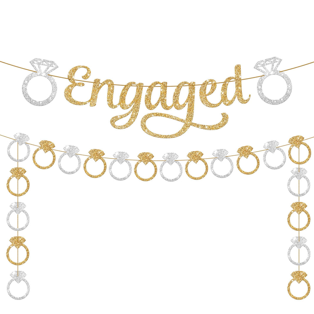 KatchOn, Pre-Strung Gold and Silver Glitter Engaged Banner - 2 String, 10 Feet, No DIY | Engagement Party Decorations |  Banner for Bachelorette Party Decorations, Engagement Decorations