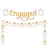 KatchOn, Pre-Strung Gold and Silver Glitter Engaged Banner - 2 String, 10 Feet, No DIY | Engagement Party Decorations |  Banner for Bachelorette Party Decorations, Engagement Decorations