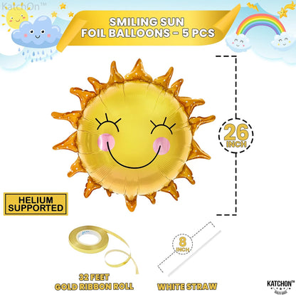 KatchOn, Smile Face Sun Balloons for Party - 26 Inch, Pack of 5 | Mylar Sunshine Balloons, Summer Balloons for Sunshine First Birthday Decorations | First Trip Around The Sun Birthday Decorations