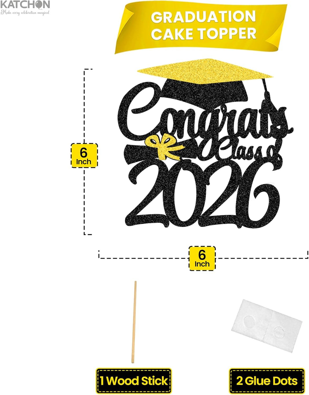 Graduation Decorations 2026, Glitter Graduation Cake Topper 2026, Class of 2026 Cake Topper | Gold and Black Graduation Party Cake Topper | Graduation Decorations Class of 2026, Katchon