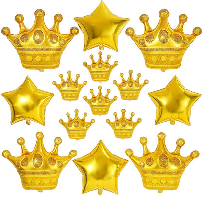Katchon, Large Gold Crown Balloons And Gold Star Balloons - 28 Inch, Pack Of 14 | gold Party Decorations For Royal Birthday Party Decorations | Royalty Baby Shower | Crown Queen party decorations