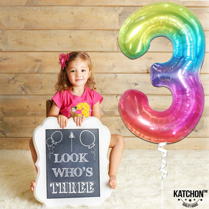 KatchOn, Giant Jelly Rainbow 3 Balloon Number - 40 Inch | Number 3 Balloon for 3rd Birthday Girl Decorations | 3rd Birthday Balloons | Rainbow Number Balloons for Anniversary Decorations
