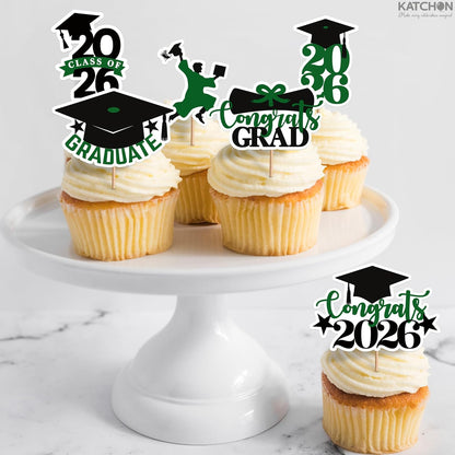 KatchOn, Green and Black Graduation Cake Topper 2026 - Pack of 36 | Graduation Cupcake Toppers 2026, Graduation Cake Toppers 2026 for Green and Black Graduation Decorations 2026