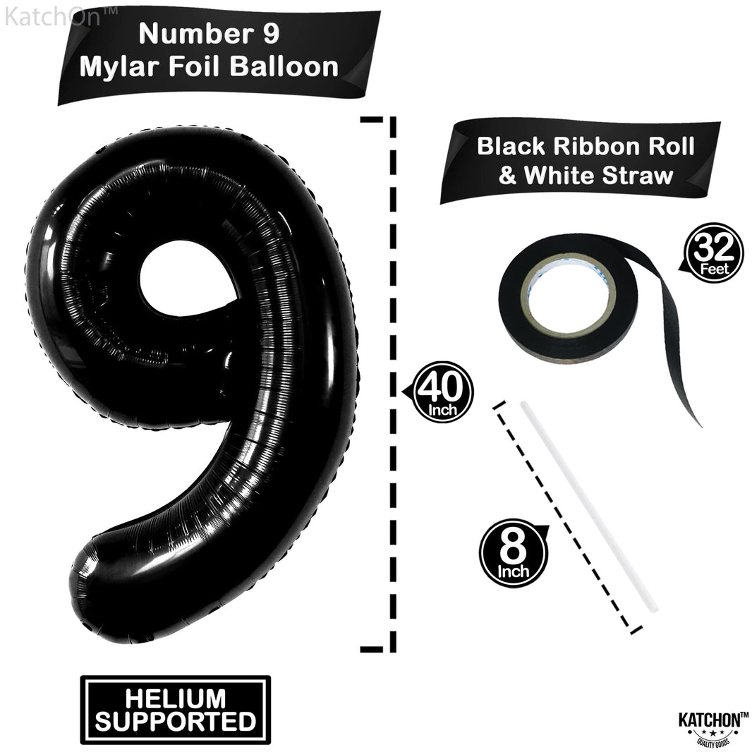 KatchOn, Giant Black Number 9 Balloon - 40 Inch | Foil 9 Birthday Balloon for 9th Birthday Decorations | 9th Anniversary Decoration | Black Party Decoration