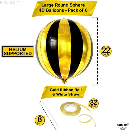 Big, 22 Inch Black and Gold Balloons - Pack of 6, Black and Gold Party Decorations | 360 Degree 4D Sphere Round Gold Black Metallic Balloons for Disco Party Decorations | Hollywood Party Decorations