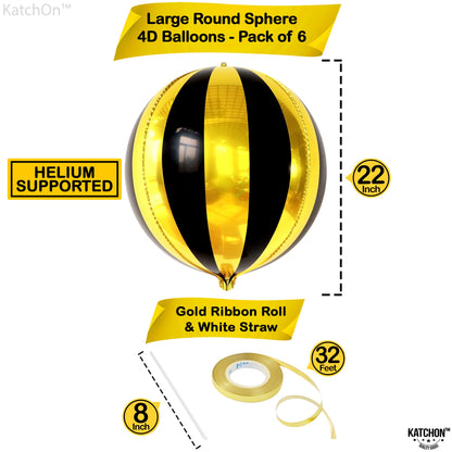 KatchOn, Big 22 Inch Black and Gold Balloons - Pack of 6, Black and Gold Party Decorations | 360 Degree 4D Sphere Round Graduation Decorations 2025 | Disco Party Decorations