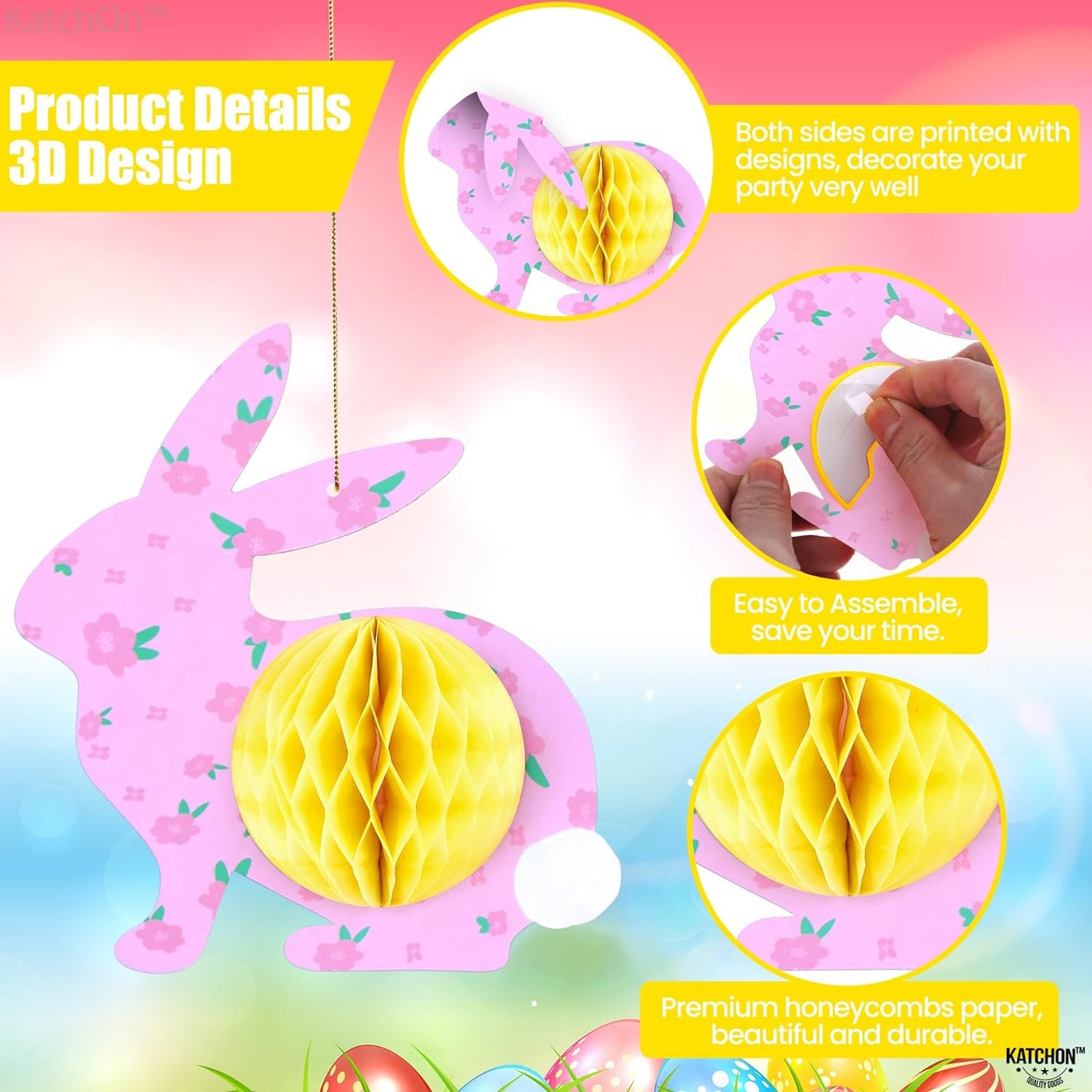 KatchOn, Easter Bunny Honeycomb Decorations - Pack of 8 | Easter Honeycomb Centerpieces | Easter Hanging Decorations for Hanging Bunny Party Decorations | Happy Easter Decorations for Classroom, Home