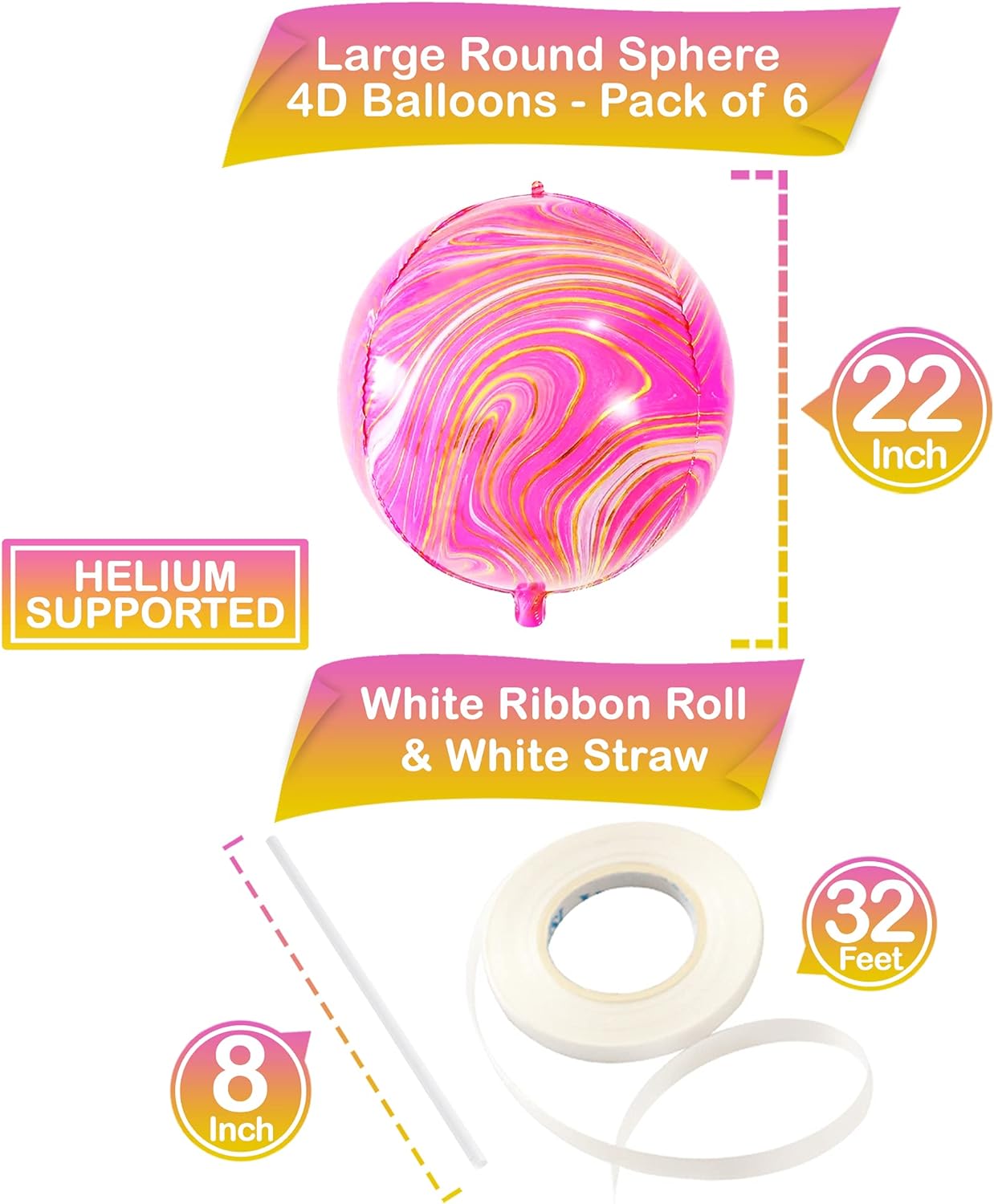 KatchOn, Big 22 Inch Pink Marble Balloons - Pack of 6 | Pink and Orange Balloons, Pink and Orange Party Decorations | Agate Pink Mylar Balloons, Hot Pink Party Decorations | Gender Reveal Decorations