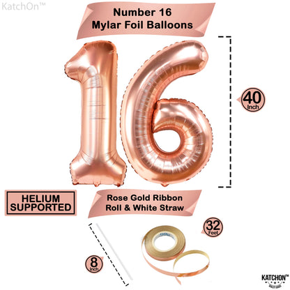 KatchOn, Rose Gold 16 Balloon Numbers - 40 Inch | Foil Balloon For 16th Happy Birthday Decorations for Girls | Rose Gold Balloon For Sweet 16 Party Decorations Anniversary Decoration