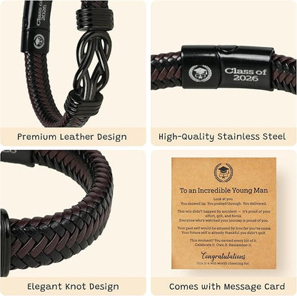 KatchOn 2026 Graduation Gifts for Men | Class of 2026 Leather Stainless Steel Knot Bracelets for Him | Graduation Gift for Him 2026, Friend, High School, College, Masters Degree