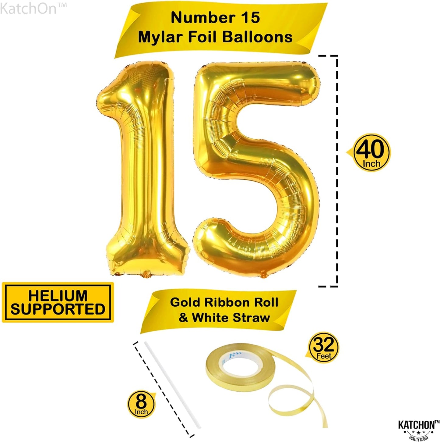 KatchOn, Giant Gold Number 15 Balloons - 40 Inch | 15 Balloons Number Gold, 15th Birthday Decorations for Boys | 15 Gold Balloon Number | Gold 15 Balloon Numbers, 15 Birthday Decorations for Girls