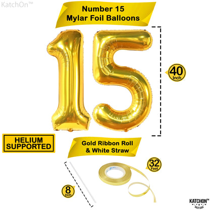 KatchOn, Giant Gold Number 15 Balloons - 40 Inch | Foil 15 Balloons Number For Birthday Party  Decorations | Anniversary Decorations | Gold Party Decoration