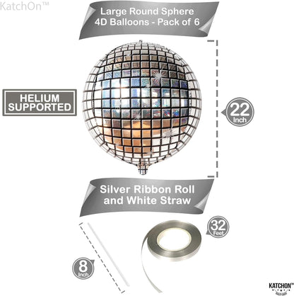 KatchOn, Big Silver Disco Ball Balloons - Pack of 6, Disco Party Decorations | 4D Metallic Disco Balloons for 70s Party Decorations | Disco Bachelorette Party Decorations | Silver Party Decorations