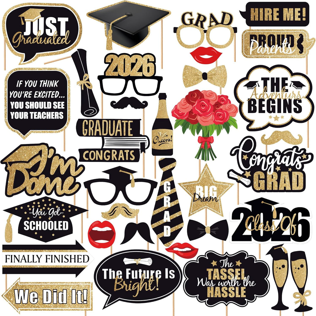 Graduation Decorations 2026 | Glitter Graduation Photo Props 2026 - Pack of 34 | Black and Gold Photo Props | Grad Photo Props for Congrats Grad Decorations | Graduation Party Decoration, KatchOn