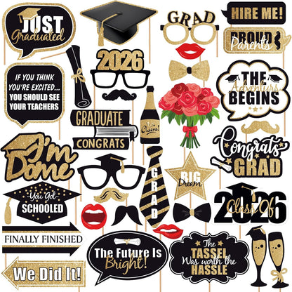 Graduation Decorations 2026 | Glitter Graduation Photo Props 2026 - Pack of 34 | Black and Gold Photo Props | Grad Photo Props for Congrats Grad Decorations | Graduation Party Decoration, KatchOn