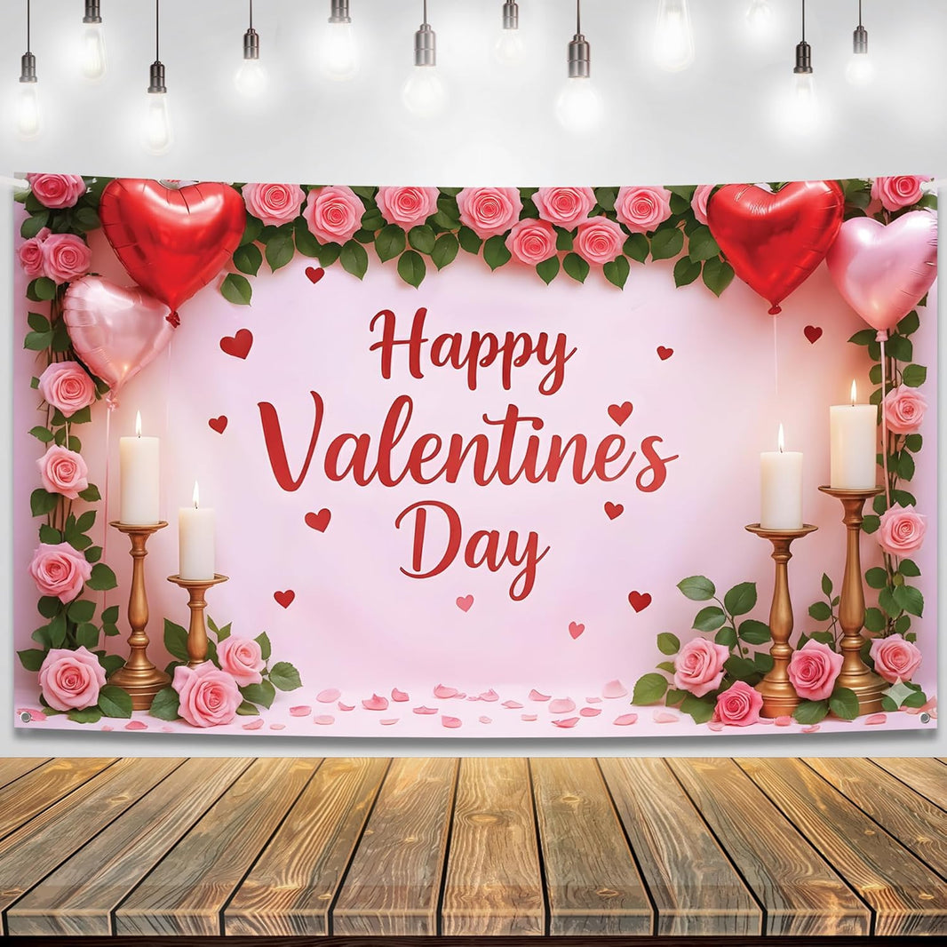 KatchOn, Happy Valentines Day Backdrop - XtraLarge, 72x44 Inch | Pink and Red Valentines Backdrop for Valentines Day Decorations | Happy Valentines Day Sign | Valentines Day Banner, Valentines Décor