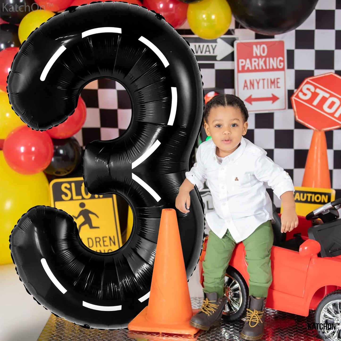 KatchOn, Giant Race Car Number 3 Balloon - 40 Inch | Number 3 Race Car Balloon | 3 Balloon Number for Race Car Birthday Party Supplies 3 Year Old | Construction Birthday Party Supplies 3 Year Old